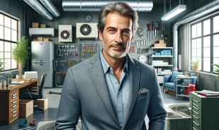 sell my hvac company man infront of office showing hvac equipment