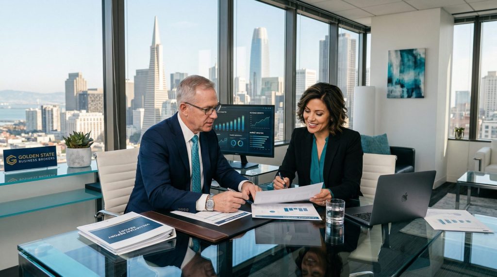 Average Price of Business for Sale in California: What Owners Need to Know in 2026 1 Business broker consulting with California owner about average price of business for sale in California in modern office
