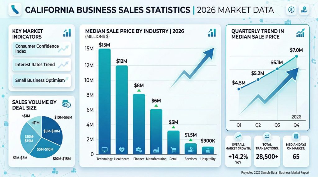 Average Price of Business for Sale in California: What Owners Need to Know in 2026 2 Market data chart showing California business sale statistics and median prices by sector for 2026