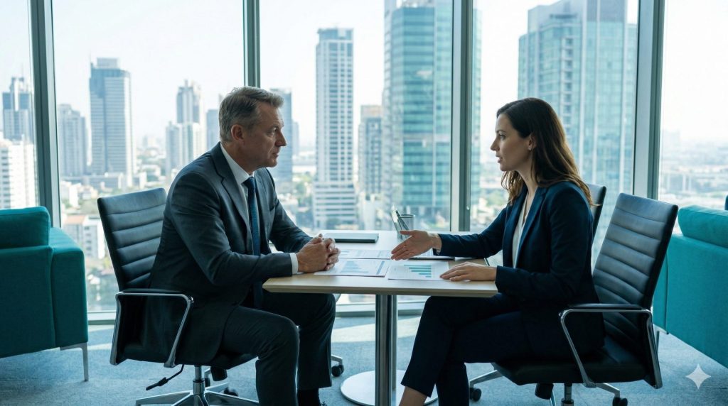 Sell My Business Online - The 2026 Masterclass for High-Value Exits 1 A business broker meets a mature owner in a modern office to discuss how to sell my business online.